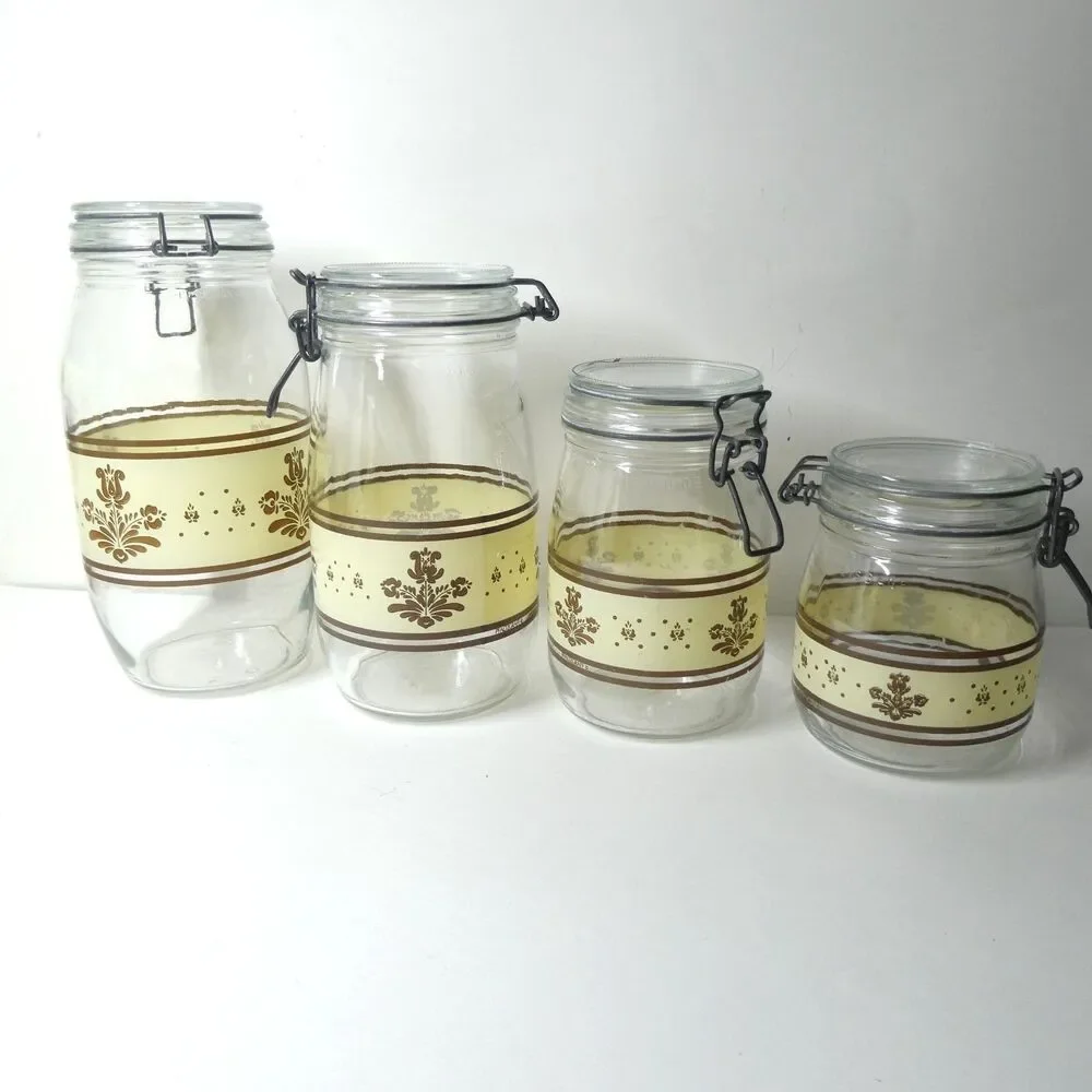 Pfaltzgraff Village Set of 4 Glass Canisters Hinged Lids Arcoroc France Vintage